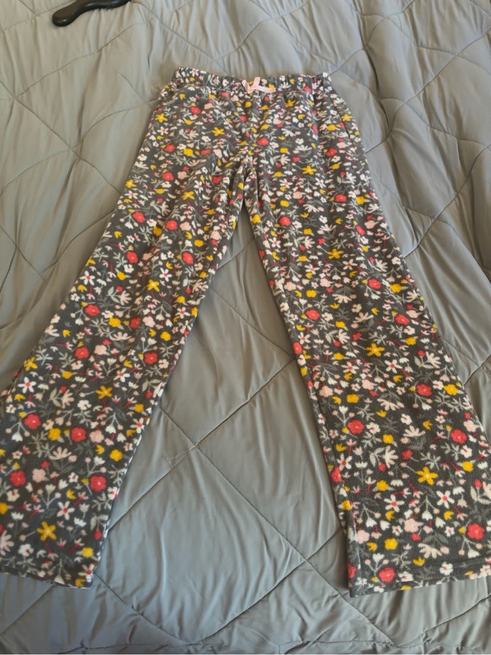 Eddie Bauer Gray Floral Fleece Pants with Pink and Yellow Accents
